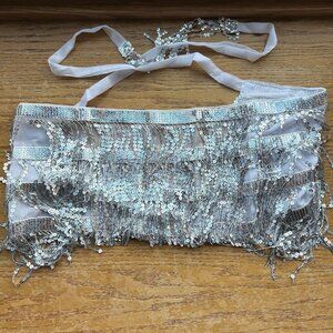 Sequin Tassel Silver White Tie Rave Skirt Mesh See Through Festival Costume